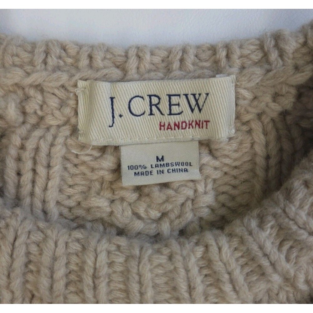 J Crew Sweater Womens M Chunky Knit Lambswool Preppy Fisherman Tan Beige Lattice - Picture 8 of 11